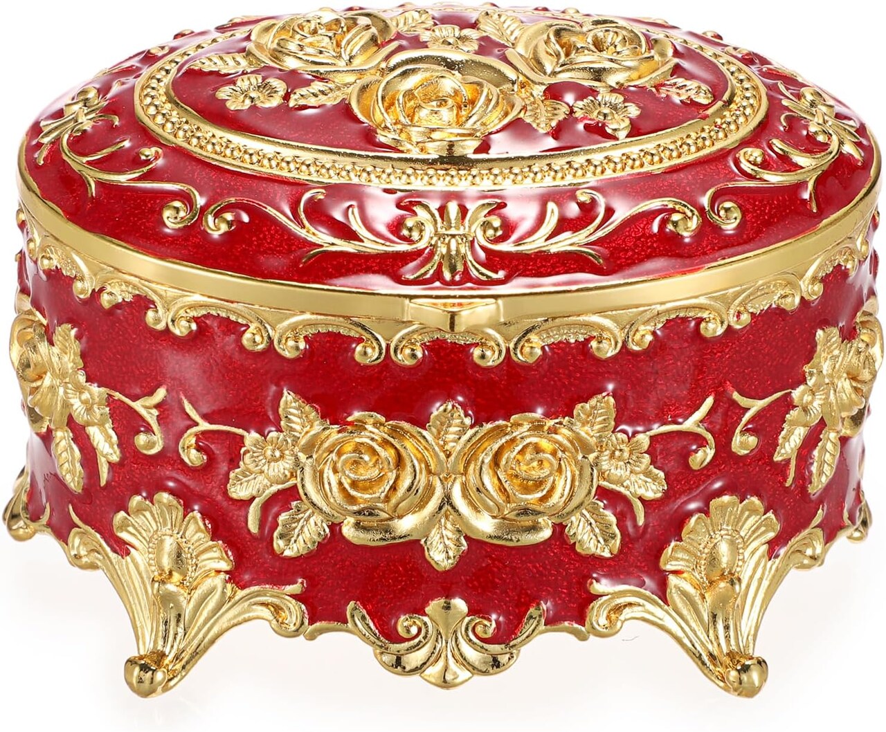 Oval Jewelry Box Classic Metal Trinket Organizer Ring Storage Box with Rose Pattern Jewelry Storage Box for Ring Earrings Necklace, Gift for Women Girls, Red